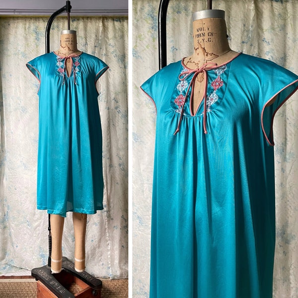 Vintage Neon Blue Vanity Fair Nightgown Large / 60s Knee Length Nylon House Dress / 70s Aqua & Coral Day Glo Silky Sleeveless Loungewear XL