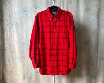 Vintage Pendleton Red Plaid Wool Work Shirt / 90s Grunge Flannel Long Sleeve Button Down / Gorpcore Windowpane Tartan Workwear Button Up L
