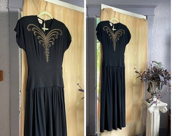 DuBarry 1940s Rayon Crepe Gown / 40s Peplum Dress / Vintage Cold Rayon Evening Gown / Old Hollywood Witchy Dress / WWII Era Du Barry Dress