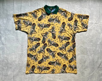 Vintage Fly Fishing Polo Shirt XXL / 90s AOP Fish Print Short Sleeve Polo / 1990s Cotton Outdoor Shirt 2X / Reels & Lures Fathers Day Gift