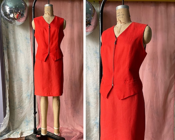 90s Red Linen Vest & Skirt Matching Set / Vintage Cherry Tomato Sleeveless Summer Suit / 1990s Minimalist Monochrome Tailored Office Outfit