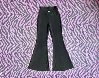 90s Bell Bottom Stretch Flares Cotton Spandex Blend / 1990s Vintage Flare Leggings / Y2K Black Stretchy Flared Yoga Pants Small Petite Disco