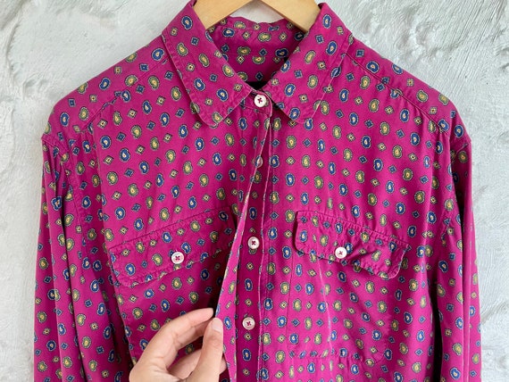 90s Fuchsia Long Sleeve Button Up / Pink Paisley … - image 2