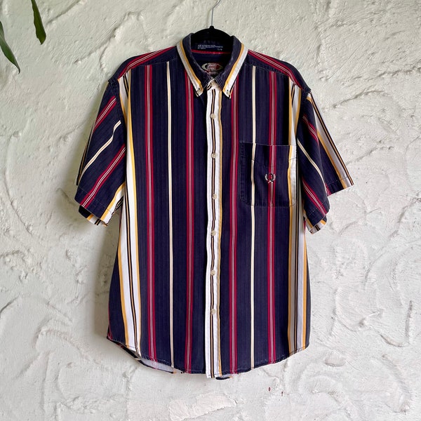 90s Vertical Stripe Short Sleeve Button Down / Vintage Cotton Twill Preppy Button Up / 1990s Multicolor Striped Shirt with Chest Pocket Logo