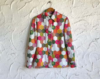 70s Patchwork Quilt Disco Shirt / 1970s Pastel Neon Long Sleeve Blouse / Vintage Boho Groovy Dagger Collar Button Up / Geometric Floral Top