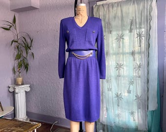 Vintage St John Purple Knit Dress & Gold Chain Belt Medium / 80s Santana Knit Sweater Dress / 70s Violet Long Sleeve Cocktail Dress Saks