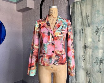 Y2k Pink Fitted Jacket with Travel Map Novelty Print / Vintage Colorful Tailored Blazer / 2000s Retro Road Trip Photo Collage Womens Jacket
