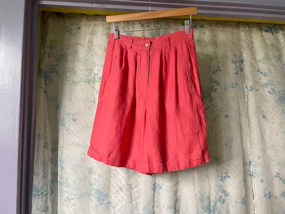80s Baggy Pleat Front Linen Shorts 27 Waist / Vin… - image 9