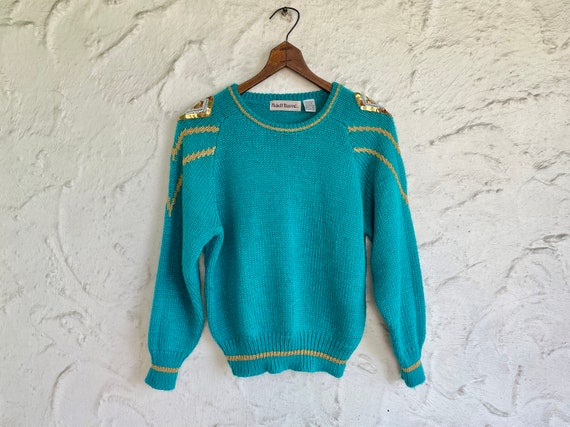 80s Metallic Turquoise Embellished Sweater / 1980… - image 1