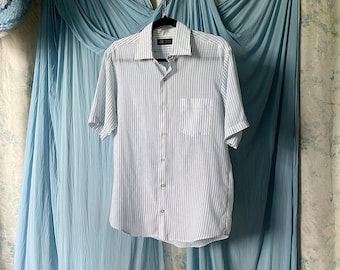 vintage 60s pinstripe button up shirt S/M / paper thin collared shirt / 1960s short sleeve button up / blue & white stripe shirt with pocket