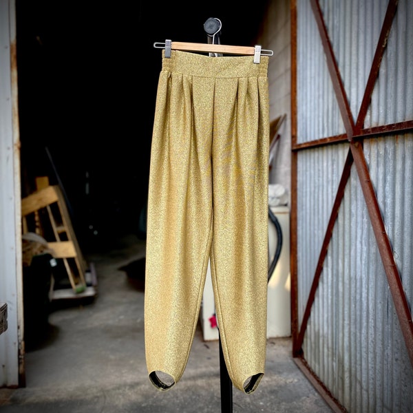 80s Metallic Gold Stirrup Pants / 1980s Vintage Gold Pants / Gold Sparkle Pants / High Waist Stretch Pants / Harem Pants / Hammer Pants