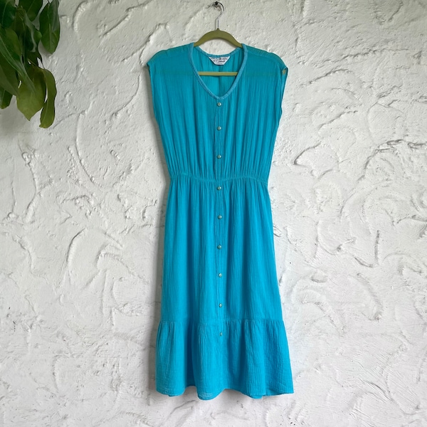 70s Gauzy Cotton Summer Sundress / Vintage Aqua Blue Gauze Sleeveless Day  Dress / 1970s Sheer Fit & Flare Casual Dress / 80s Sun Dress Neon