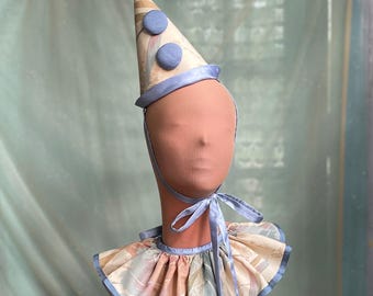 pastel clown hat & collar set / handmade clown costume accessories / bamboo print hennin neck ruff / birthday party hat / neck ruffle collar