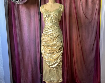 vintage gold lamé gown large 40” bust / old Hollywood Grecian goddess evening dress / 1950s bombshell burlesque showgirl costume / gold foil