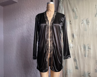 Short Black Silky Duster with Lace Trim / Vintage Black Lace Robe / 90s Goth Peignoir / Sheer along Sleeve Bed Jacket / Witchy Boudoir