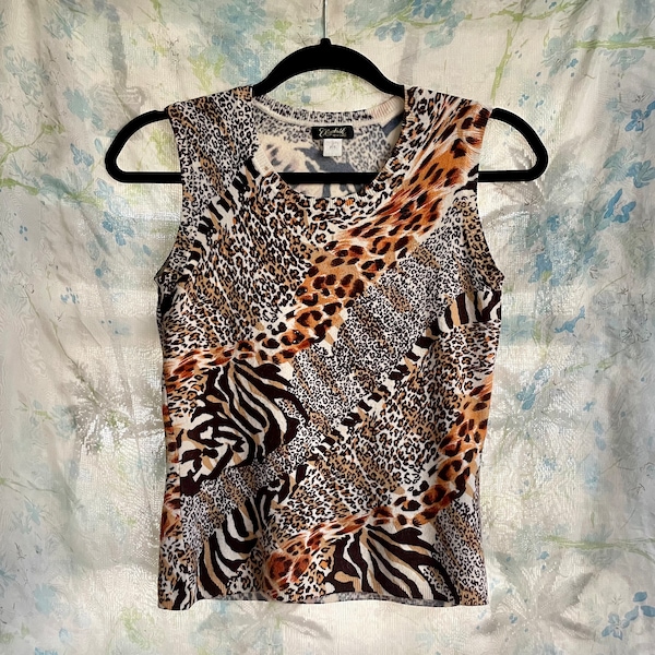 Y2K Leopard Print Knit Shell Top / Vintage Animal Print Sleeveless Sweater / 90s Cheetah Tiger Mixed Pattern Stretchy Bodycon Tank Small