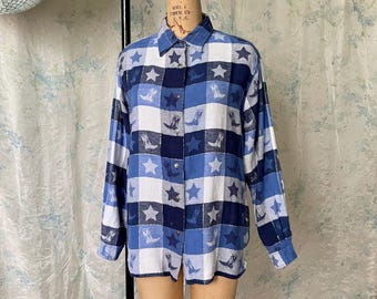 vintage western button up shirt 2X / 1980s check plaid blouse / 1990s stars pattern top / navy blue & metallic silver / plus size western