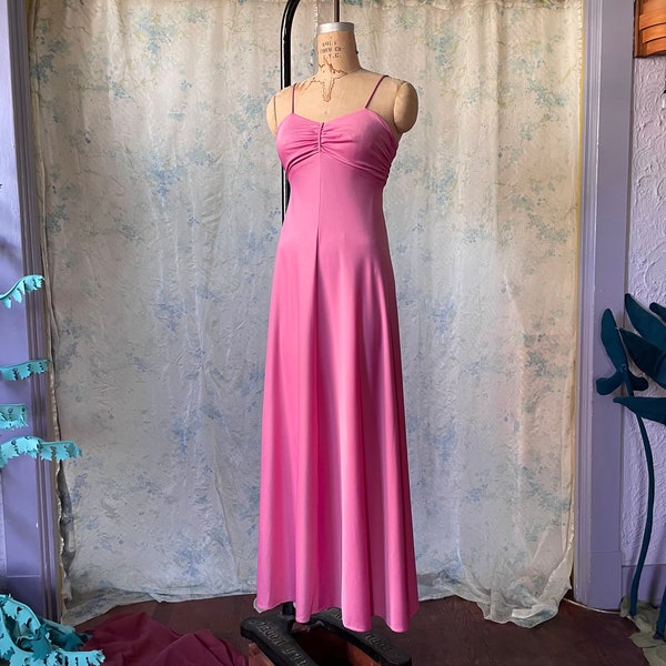 70s Rose Pink Maxi Dress / Vintage Pastel Prom Dress / 1970s Empire Waist Gown / Spring Spaghetti Strap Maxi / Pale Pink Gown Extra Small