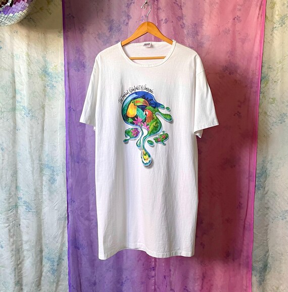 90s Amazon Rainforest T-shirt Dress M/L / Vintage Single Stitch National Wildlife Baggy Oversize Tshirt / 1990s Nature Tropical Jungle Bird