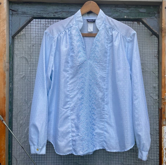 70s Vintage Pastel Blue Peasant Blouse / 1970s Lo… - image 1