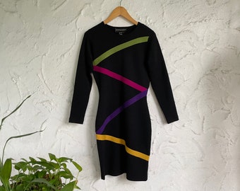 80s Wool Knit Bodycon Dress by Andrea Jovine / 1980s Minimalist Sweater Dress / Vintage Long Sleeve Fitted Wiggle Dress / 90s Office Dress