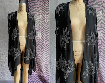 90s Goth Sheer Black Duster / See Through Festival Kimono Cardigan / Witchy Swim Cover Up / Sparkly Chiffon Beach Robe / Jessica McClintock