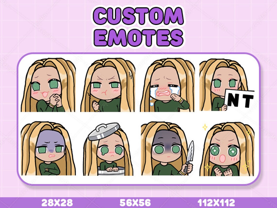 8x Egirl Blonde Hair Emotes, Emojis, Sub Emotes for Twitch, Youtube, Discord, Cute Emotes Chibi