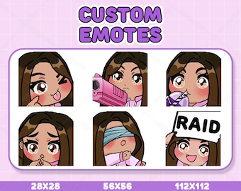 May include: Set of six custom animated emotes featuring a cartoon character with brown hair and different expressions. The emotes are in various sizes: 28x28, 56x56, and 112x112 pixels. The emotes include expressions like pointing, holding a gun, drinking, covering eyes, and holding a sign that says "RAID".