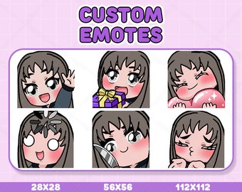 May include: Set of six custom animated emotes featuring a cartoon girl with brown hair and different expressions. The emotes are in three sizes: 28x28, 56x56, and 112x112 pixels.