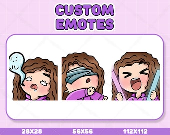 May include: Three custom animated emotes featuring a cartoon character with brown hair. The first emote shows the character with a surprised expression and a ghost behind them. The second emote shows the character with a blindfold on and a surprised expression. The third emote shows the character with a happy expression and holding two light blue glow sticks.