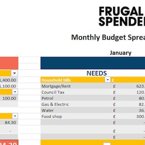 May include: A spreadsheet titled "Frugal Spender" with a monthly budget for January. The spreadsheet is divided into income, needs, and lifestyle categories. The income section shows a total of £3,684.30. The needs section includes household bills such as mortgage/rent, council tax, petrol, gas & electric, water, and food shop. The lifestyle section includes music subscription, internet, TV package, delivery service, fun money, hobby 1, hobby 2, and streaming subscription.