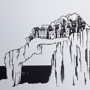 May include: Black and white illustration of a village perched on a cliff overlooking the sea. The village is made up of several small houses with pointed roofs. The cliff is tall and jagged, with a large opening in the middle. The sea is dark and choppy.
