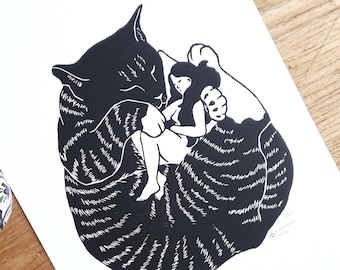 Linocut cat "Comfort 3" A4 format