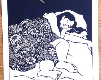 Linogravure femme "Nuit fleurie" format 24x30