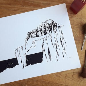 May include: Black and white illustration of a town built on a cliffside. The town is made up of several buildings with a few trees. The cliff is tall and has a jagged edge. The sea is visible in the background.