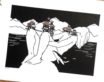 Linocut woman "In balance" A3 format