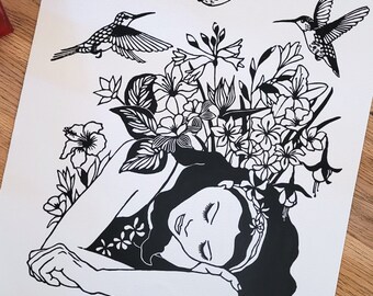 Linocut woman "Improvised Escape" format 30x40 cm