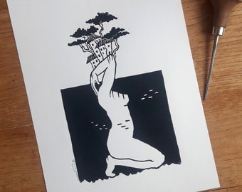 Linocut woman Island