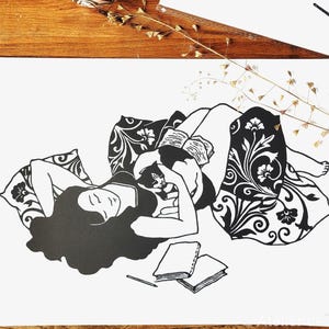 Linocut woman &quot;Pause&quot; A4 format
