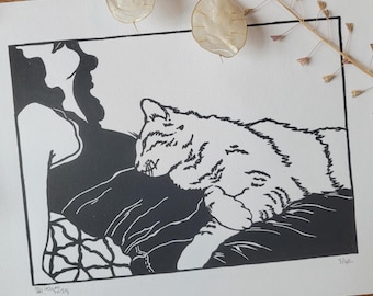 Cat linocut "Drowsiness 1"