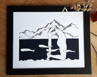 Linogravure femme "La Montagne" format 24x32cm