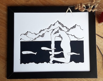 Linocut print of a woman "The Mountain" format 24x30cm
