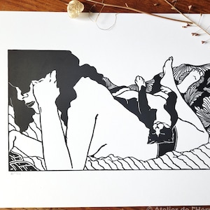 Linocut woman &quot;Evening reading&quot; A3