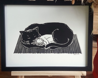 Linocut cat "Comfort 1"