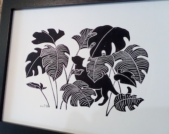 Jungle cat linocut