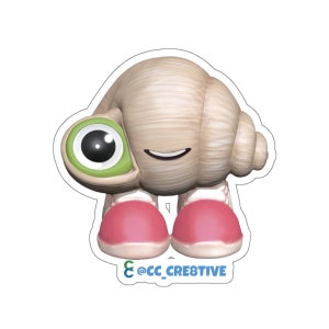 May include: A sticker featuring a cartoon hermit crab character. The character has a large, green-rimmed eye, a smiling mouth, and wears pink shoes. The shell is beige with textured details. The sticker includes the text "@cc_cre8tive".