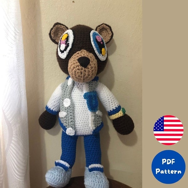 Crochet Pattern - Kanye West Graduation Bear, Teddy Bear, Animal Crochet Amigurumi, Jacket College Bear Doll