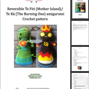 A sample of the PDF digital crochet pattern, with the title: Reversible Te Fiti (Mother Island) / Te Ka (The Burning One) amigurumi crochet pattern.