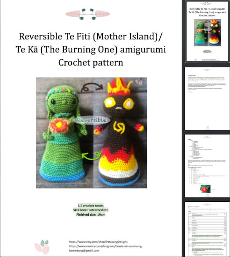 A sample of the PDF digital crochet pattern, with the title: Reversible Te Fiti (Mother Island) / Te Ka (The Burning One) amigurumi crochet pattern.