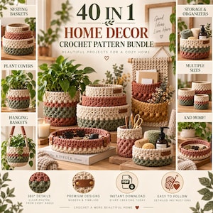 Puede incluir: Un paquete de 40 patrones de ganchillo para decoración del hogar que incluye cestas, cubiertas para plantas y organizadores colgantes hechos a mano en tonos crema, verde salvia y terracota, con etiquetas de cuero.